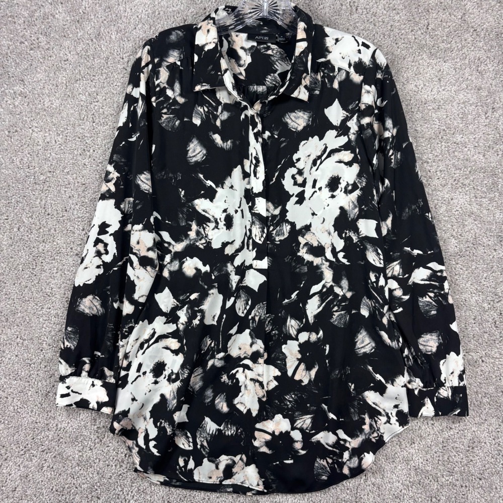 Apt 9 Womens Medium Black Floral Button Up Blouse Long Sleeve Back Tie Tunic